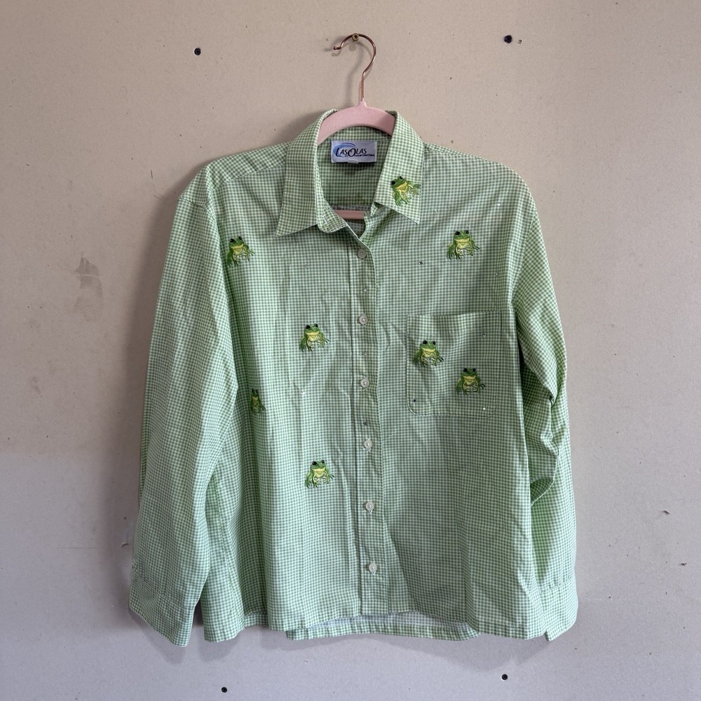 Vintage Y2K Las Olas Frog Embroidered Rhinestone Gingham Blouse S